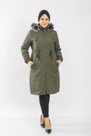 Kadın Büyük Beden Ara Boy Kürklü Kapaklı Cepli Kaban  Haki