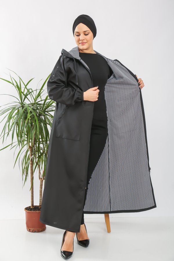 Kadın Büyük Beden Tam Boy İçi Çizgi Desenli Suya Dayanıklı Zımba Detaylı Trenç  Siyah