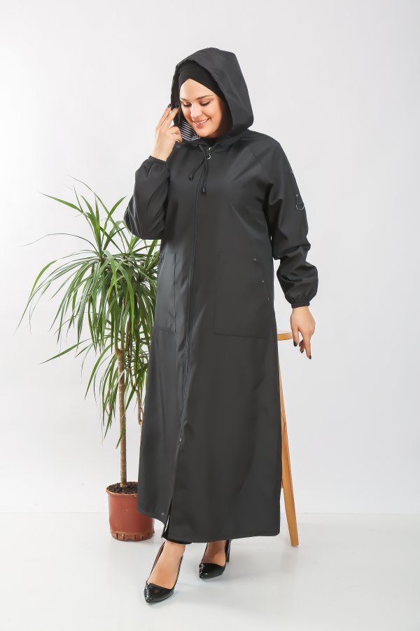 Kadın Büyük Beden Tam Boy İçi Çizgi Desenli Suya Dayanıklı Zımba Detaylı Trenç  Siyah