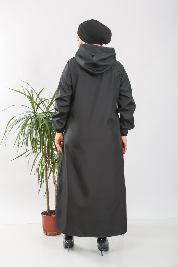 Kadın Büyük Beden Tam Boy İçi Çizgi Desenli Suya Dayanıklı Zımba Detaylı Trenç  Siyah