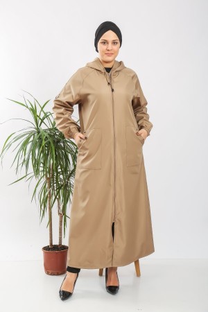 Kadın Büyük Beden Tam Boy İçi Çizgi Desenli Suya Dayanıklı Zımba Detaylı Trenç  Vizon