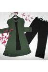 Büyük Beden Desenli Üçlü  Takım  kimono tunik pantolon  Haki