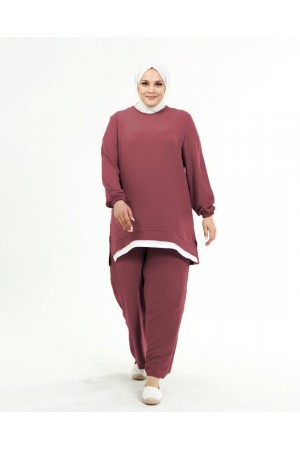 Büyük Beden Beyaz Garni Detaylı Ayrobin İkili Takım  Gül Kurusu