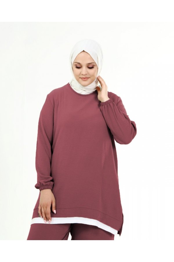 Büyük Beden Beyaz Garni Detaylı Ayrobin İkili Takım  Gül Kurusu