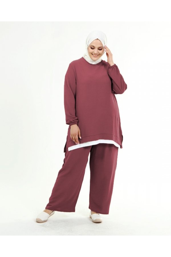 Büyük Beden Beyaz Garni Detaylı Ayrobin İkili Takım  Gül Kurusu