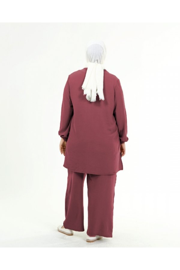 Büyük Beden Beyaz Garni Detaylı Ayrobin İkili Takım  Gül Kurusu