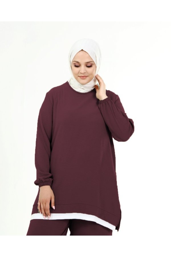 Büyük Beden Beyaz Garni Detaylı Ayrobin İkili Takım Mürdüm Büyük Beden Beyaz Garni Detaylı Ayrobin İkili Takım Mürdüm