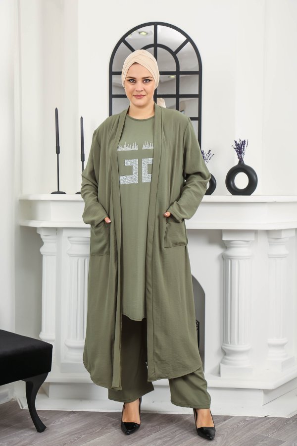 Kadın Büyük Beden Taş Detaylı Cepli Üçlü Takım  Haki