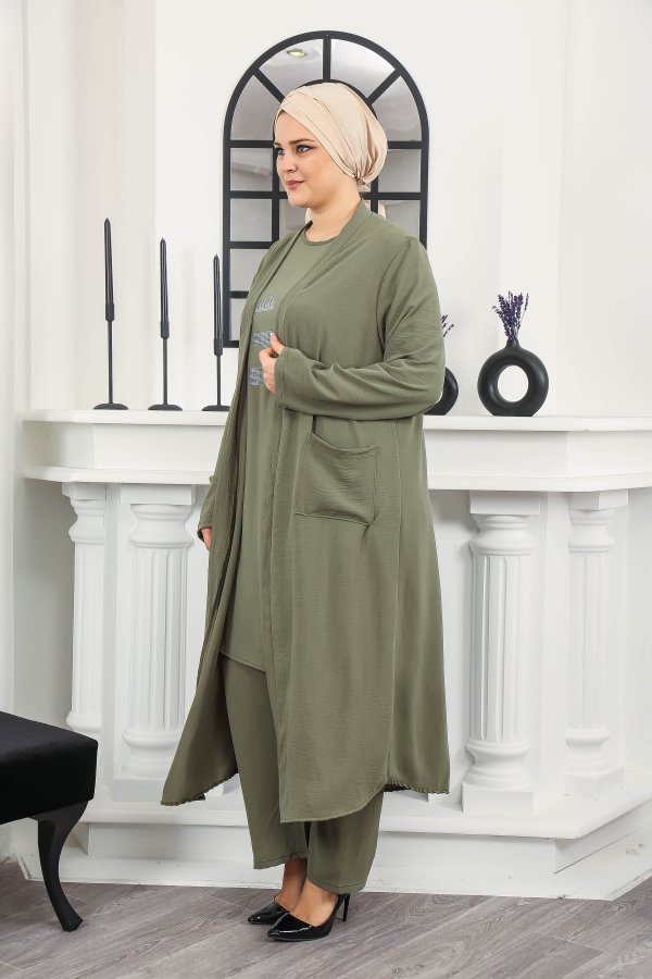 Kadın Büyük Beden Taş Detaylı Cepli Üçlü Takım  Haki