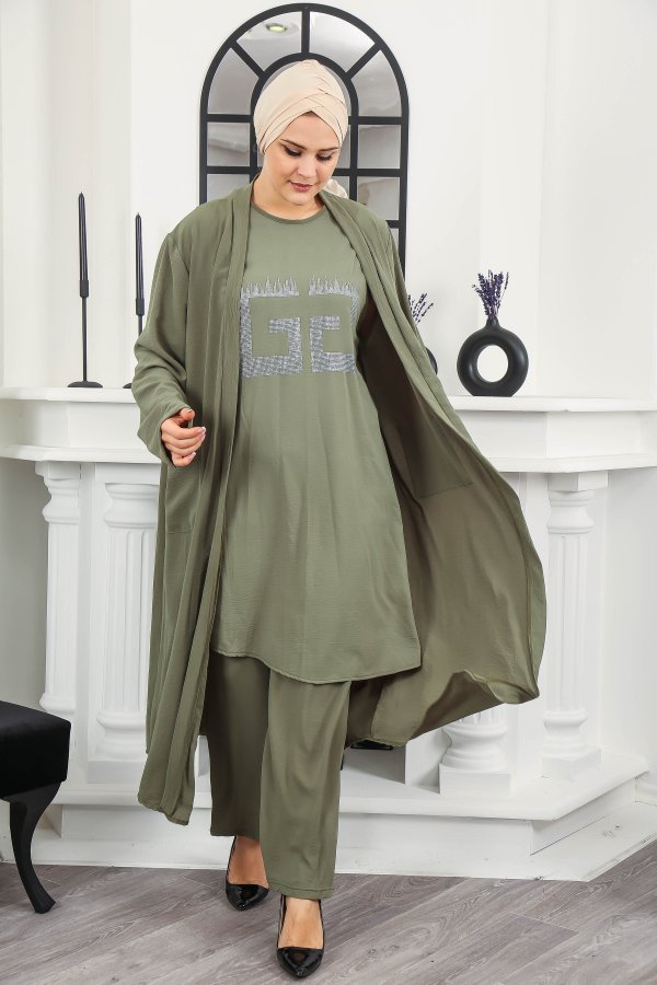 Kadın Büyük Beden Taş Detaylı Cepli Üçlü Takım  Haki