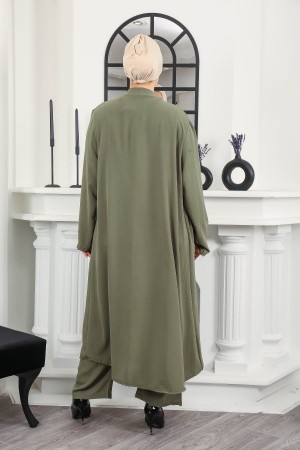 Kadın Büyük Beden Taş Detaylı Cepli Üçlü Takım  Haki