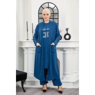 Kadın Büyük Beden Taş Detaylı Cepli Üçlü Takım Petrol Mavisi Kadın Büyük Beden Taş Detaylı Cepli Üçlü Takım Petrol Mavisi