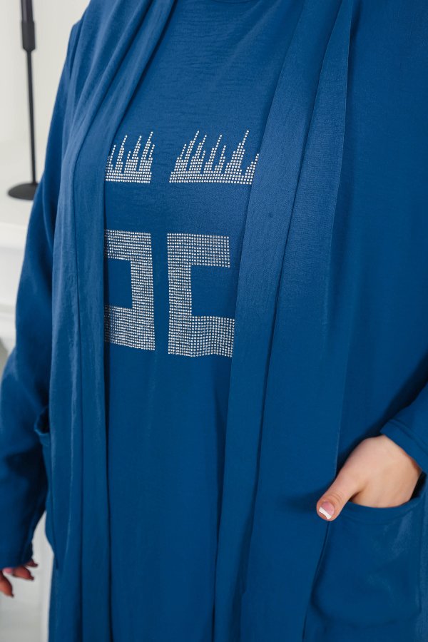 Kadın Büyük Beden Taş Detaylı Cepli Üçlü Takım Petrol Mavisi Kadın Büyük Beden Taş Detaylı Cepli Üçlü Takım Petrol Mavisi