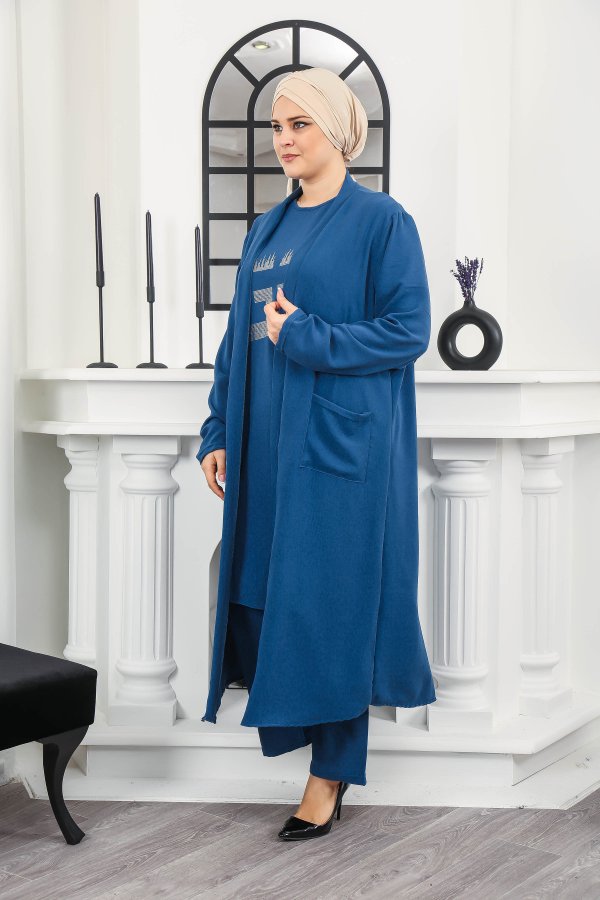 Kadın Büyük Beden Taş Detaylı Cepli Üçlü Takım Petrol Mavisi Kadın Büyük Beden Taş Detaylı Cepli Üçlü Takım Petrol Mavisi