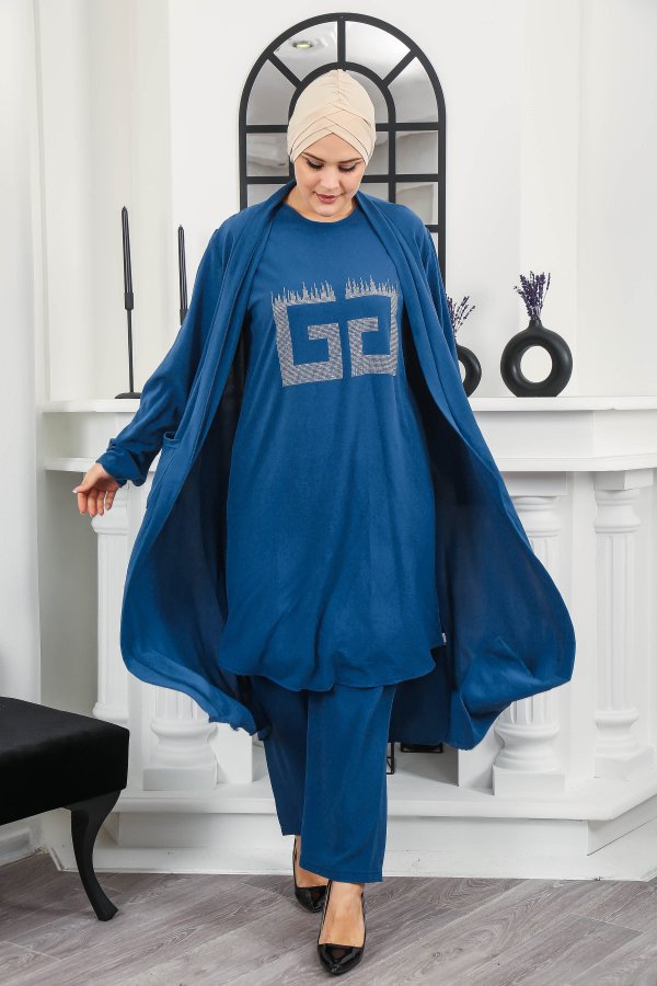 Kadın Büyük Beden Taş Detaylı Cepli Üçlü Takım Petrol Mavisi Kadın Büyük Beden Taş Detaylı Cepli Üçlü Takım Petrol Mavisi