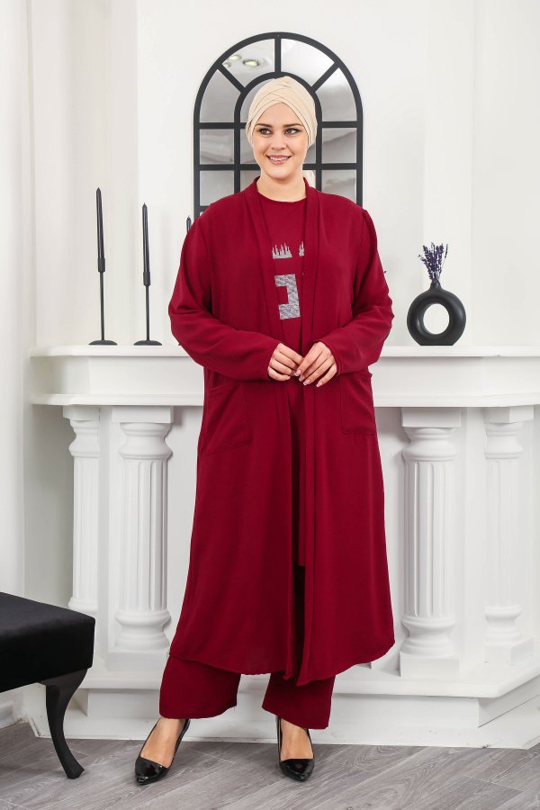 Kadın Büyük Beden Taş Detaylı Cepli Üçlü Takım Bordo Kadın Büyük Beden Taş Detaylı Cepli Üçlü Takım Bordo