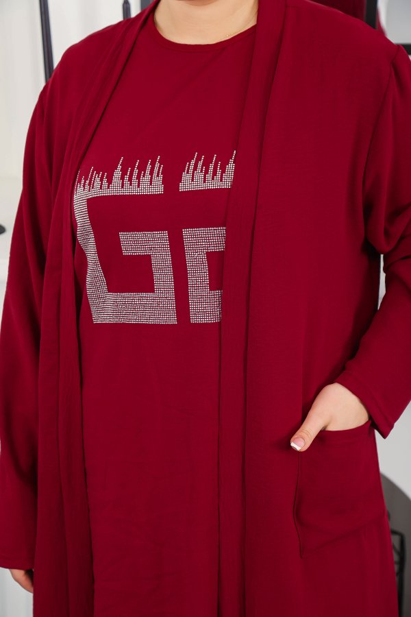 Kadın Büyük Beden Taş Detaylı Cepli Üçlü Takım Bordo Kadın Büyük Beden Taş Detaylı Cepli Üçlü Takım Bordo