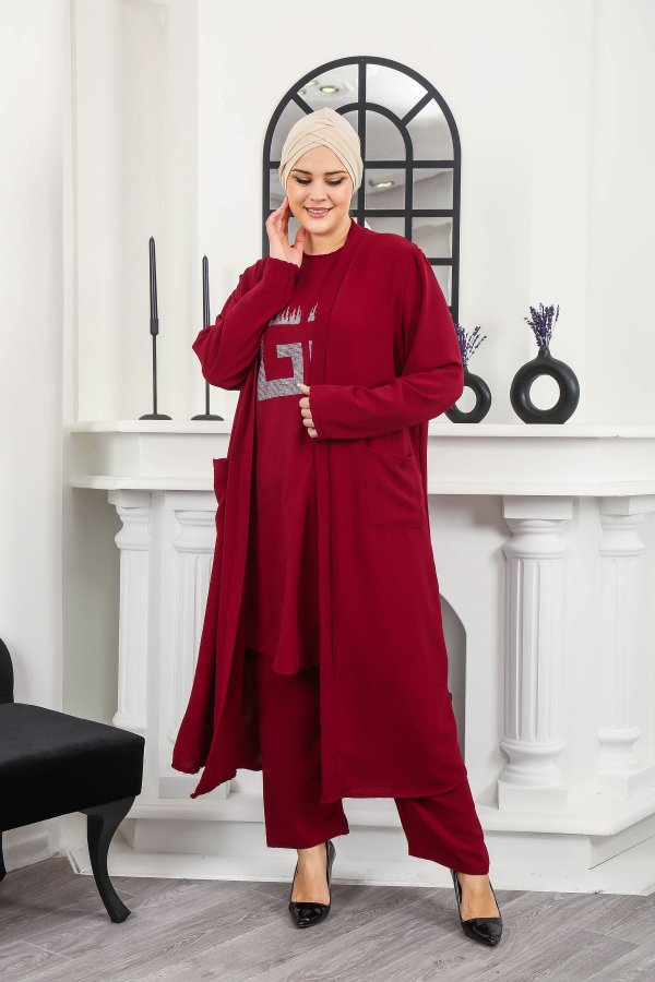 Kadın Büyük Beden Taş Detaylı Cepli Üçlü Takım Bordo Kadın Büyük Beden Taş Detaylı Cepli Üçlü Takım Bordo
