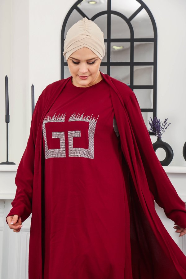 Kadın Büyük Beden Taş Detaylı Cepli Üçlü Takım Bordo Kadın Büyük Beden Taş Detaylı Cepli Üçlü Takım Bordo