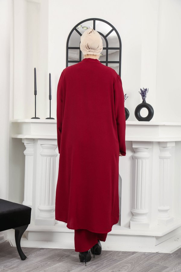 Kadın Büyük Beden Taş Detaylı Cepli Üçlü Takım Bordo Kadın Büyük Beden Taş Detaylı Cepli Üçlü Takım Bordo