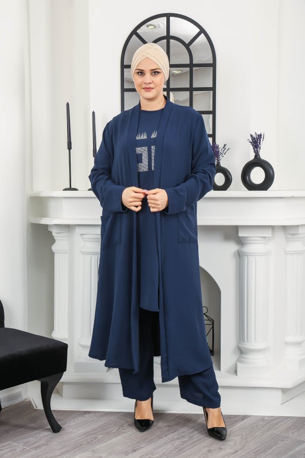 Kadın Büyük Beden Taş Detaylı Cepli Üçlü Takım Lacivert Kadın Büyük Beden Taş Detaylı Cepli Üçlü Takım Lacivert