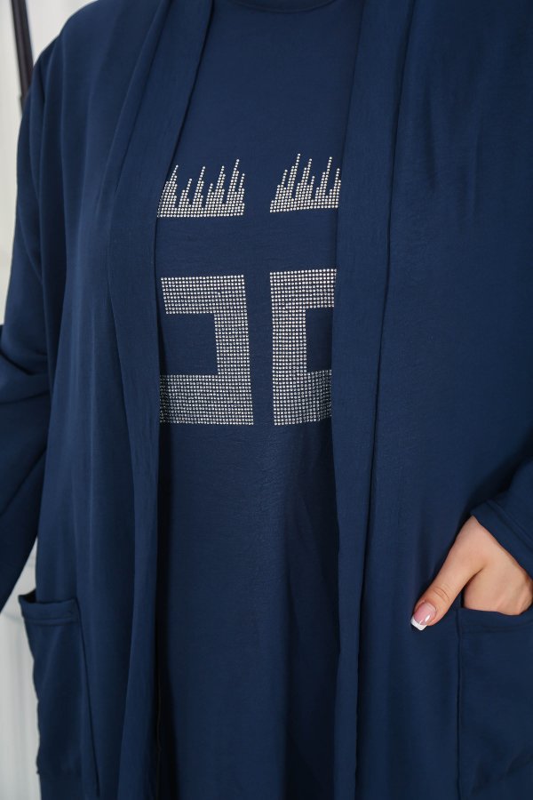 Kadın Büyük Beden Taş Detaylı Cepli Üçlü Takım Lacivert Kadın Büyük Beden Taş Detaylı Cepli Üçlü Takım Lacivert