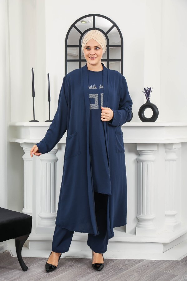 Kadın Büyük Beden Taş Detaylı Cepli Üçlü Takım Lacivert Kadın Büyük Beden Taş Detaylı Cepli Üçlü Takım Lacivert