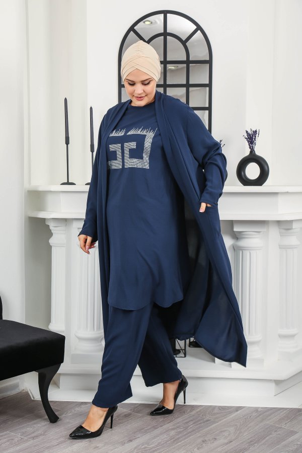 Kadın Büyük Beden Taş Detaylı Cepli Üçlü Takım Lacivert Kadın Büyük Beden Taş Detaylı Cepli Üçlü Takım Lacivert