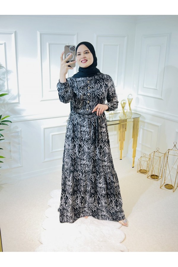 Aleyna Pamuk Viskon Elbise  Gri Zebra