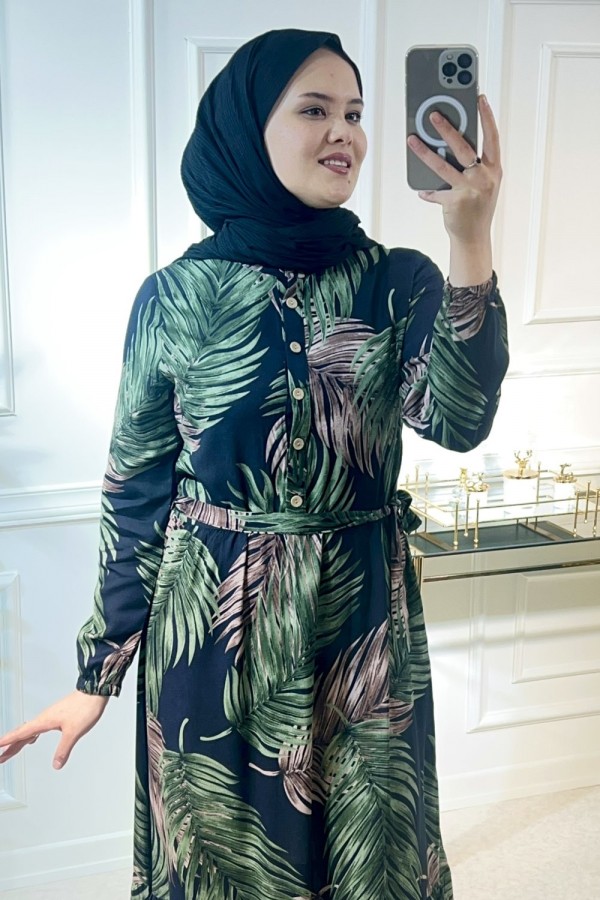 Aleyna Pamuk Viskon Elbise Yeşil Kahve Palmiye Aleyna Pamuk Viskon Elbise Yeşil Kahve Palmiye