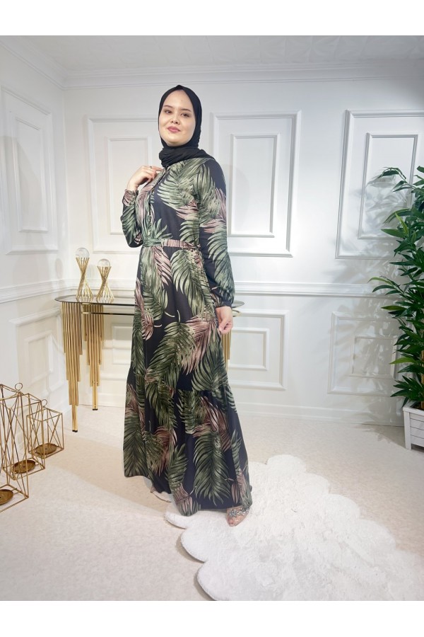 Aleyna Pamuk Viskon Elbise Yeşil Kahve Palmiye Aleyna Pamuk Viskon Elbise Yeşil Kahve Palmiye