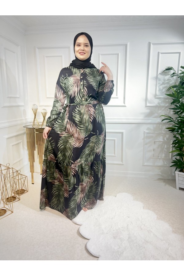 Aleyna Pamuk Viskon Elbise Yeşil Kahve Palmiye Aleyna Pamuk Viskon Elbise Yeşil Kahve Palmiye