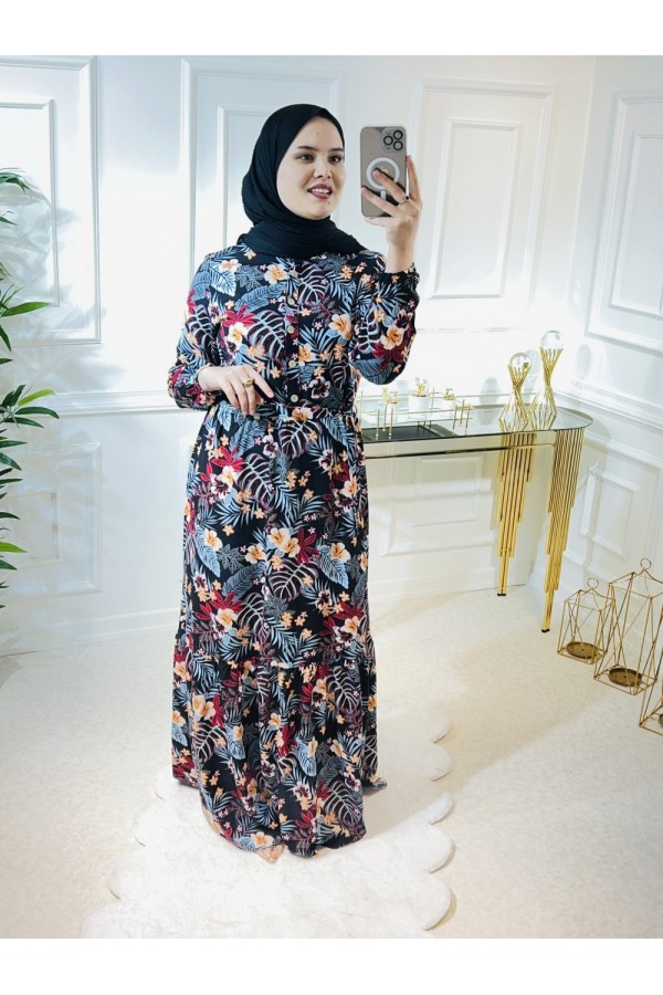 Aleyna Pamuk Viskon Elbise Mavi Kiremit Palmiye Aleyna Pamuk Viskon Elbise Mavi Kiremit Palmiye