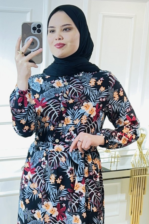 Aleyna Pamuk Viskon Elbise Mavi Kiremit Palmiye Aleyna Pamuk Viskon Elbise Mavi Kiremit Palmiye