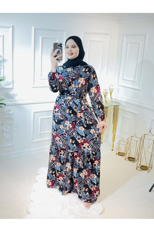 Aleyna Pamuk Viskon Elbise Mavi Kiremit Palmiye Aleyna Pamuk Viskon Elbise Mavi Kiremit Palmiye