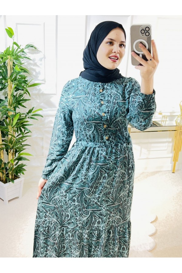 Aleyna Pamuk Viskon Elbise  Yeşil Şal Desen