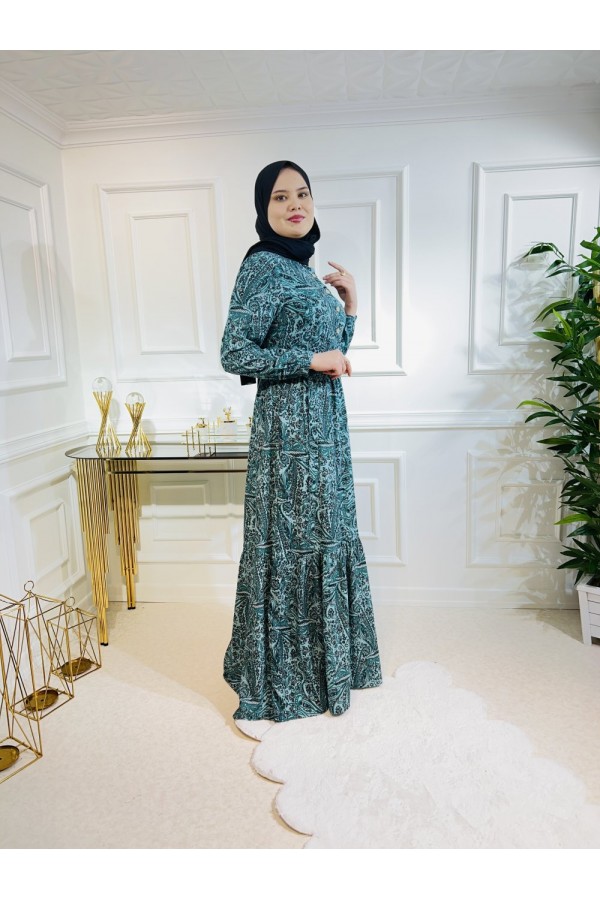 Aleyna Pamuk Viskon Elbise  Yeşil Şal Desen