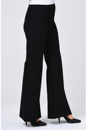 Dalgıç Kumaş Beli Lastikli İspanyol Paça Pantolon  Siyah