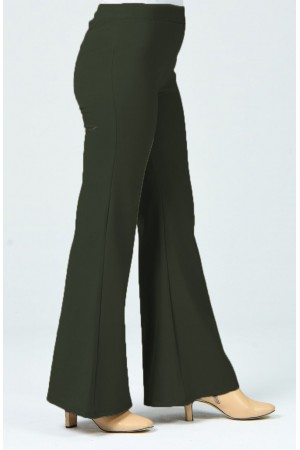 Kadın Toparlayıcı Özellikli Dalgıç Kumaş Beli Lastikli İspanyol Paça Pantolon  Haki