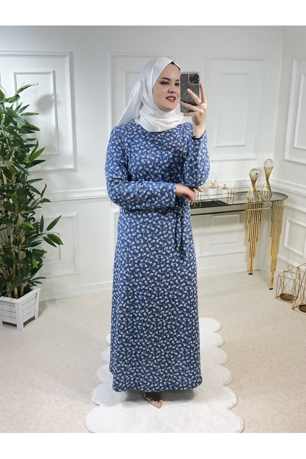 Büyük Beden Baskılı Krep Kumaş Elbise 68 Bedene Kadar Mavi Beyaz Papatya