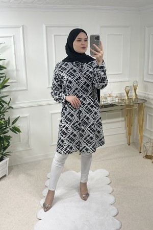 Sinem Viskon Gömlek  Siyah Geometrik Baklava