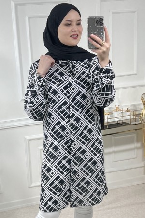 Sinem Viskon Gömlek  Siyah Geometrik Baklava