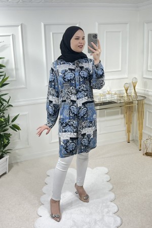 Sinem Viskon Gömlek  Mavi Karma Şal