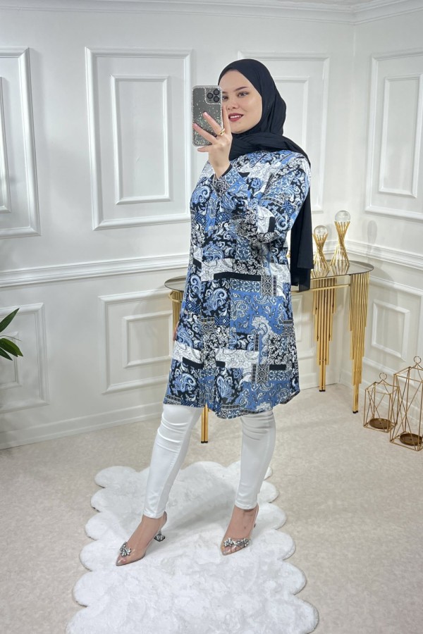 Sinem Viskon Gömlek  Mavi Karma Şal