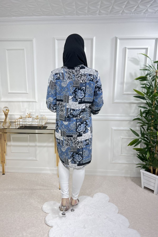 Sinem Viskon Gömlek  Mavi Karma Şal