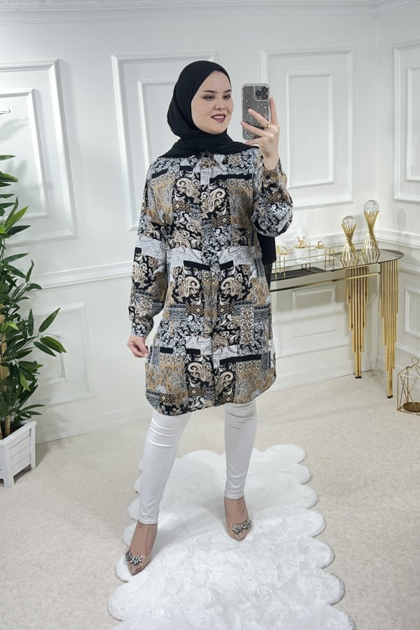 Sinem Viskon Gömlek Kahve Karma Şal Sinem Viskon Gömlek Kahve Karma Şal