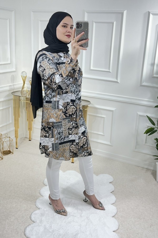 Sinem Viskon Gömlek Kahve Karma Şal Sinem Viskon Gömlek Kahve Karma Şal