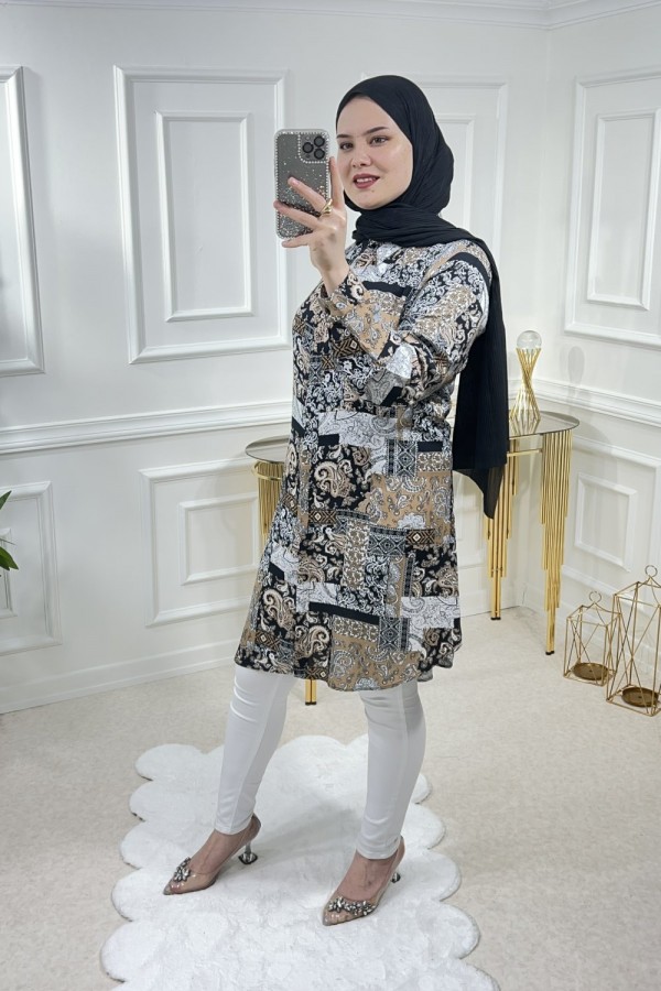 Sinem Viskon Gömlek Kahve Karma Şal Sinem Viskon Gömlek Kahve Karma Şal