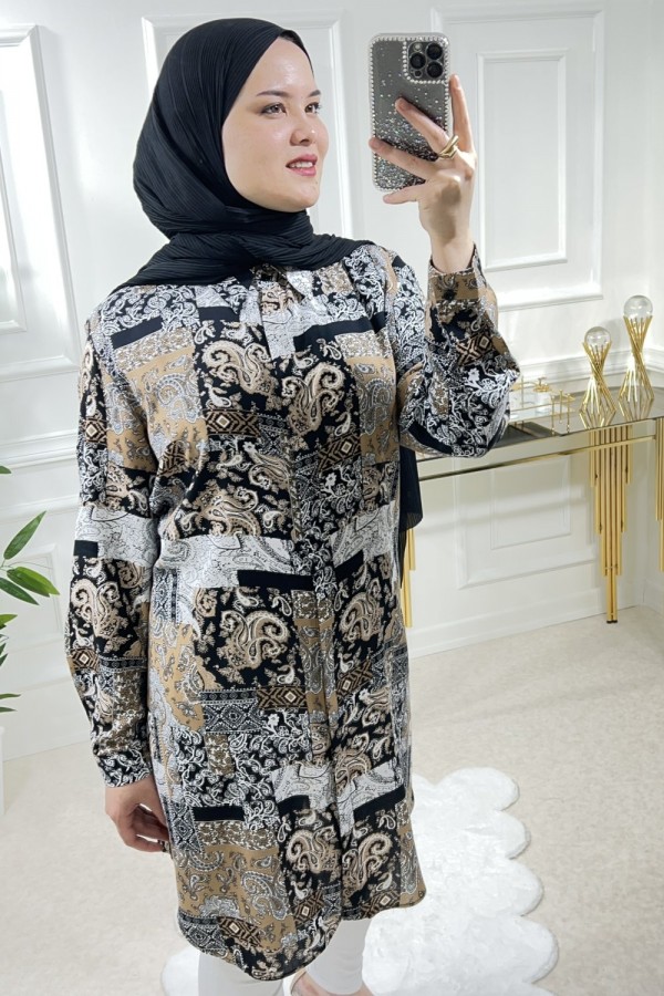 Sinem Viskon Gömlek Kahve Karma Şal Sinem Viskon Gömlek Kahve Karma Şal