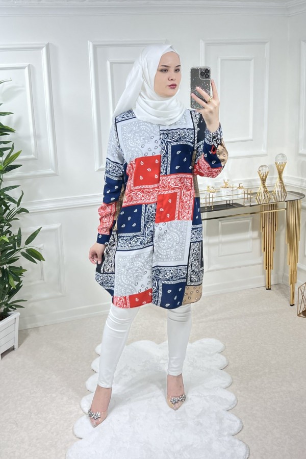 Sinem Viskon Gömlek Lacivert Kırmızı Şal Desen Sinem Viskon Gömlek Lacivert Kırmızı Şal Desen